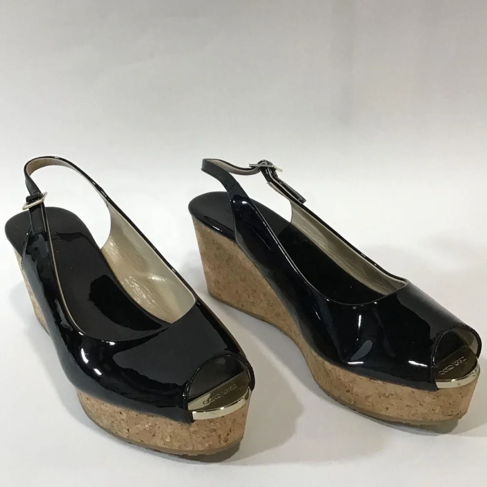 Women’s Jimmy Choo Black Patent Peep Toe Slingback Cork Wedges Size 41